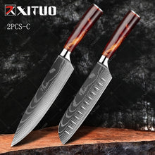 Carregar imagem no visualizador da galeria, XITUO kitchen knives Set Laser Damascus pattern chef knife Sharp Santoku Cleaver Slicing Utility Knives Resin Handle Best Gift