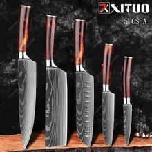 Carregar imagem no visualizador da galeria, XITUO kitchen knives Set Laser Damascus pattern chef knife Sharp Santoku Cleaver Slicing Utility Knives Resin Handle Best Gift