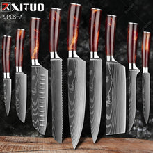 Carregar imagem no visualizador da galeria, XITUO kitchen knives Set Laser Damascus pattern chef knife Sharp Santoku Cleaver Slicing Utility Knives Resin Handle Best Gift